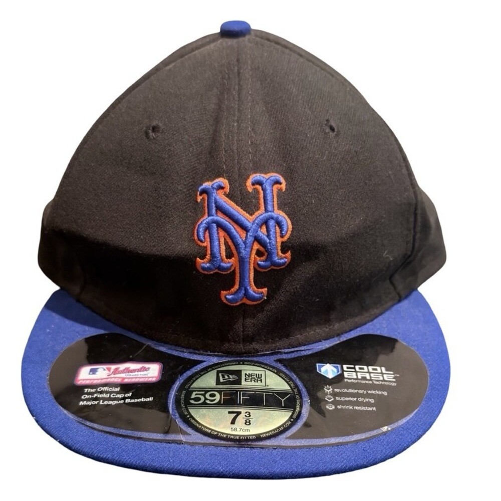 New York Mets New Era 59FIFTY Fitted Hat 7 3/8 Black Blue MLB On-Field